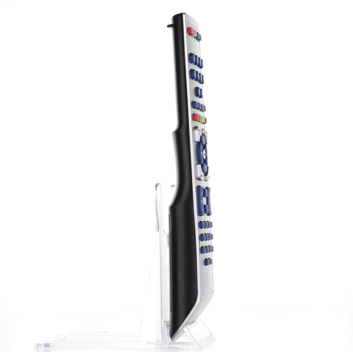 Side view of the black and white Anderic 076R0LJ030 for Sansui TV/DVD Remote Control - RMC12052, standing upright on a clear plastic stand, compatible with Sansui/Orion TV/DVD combos.