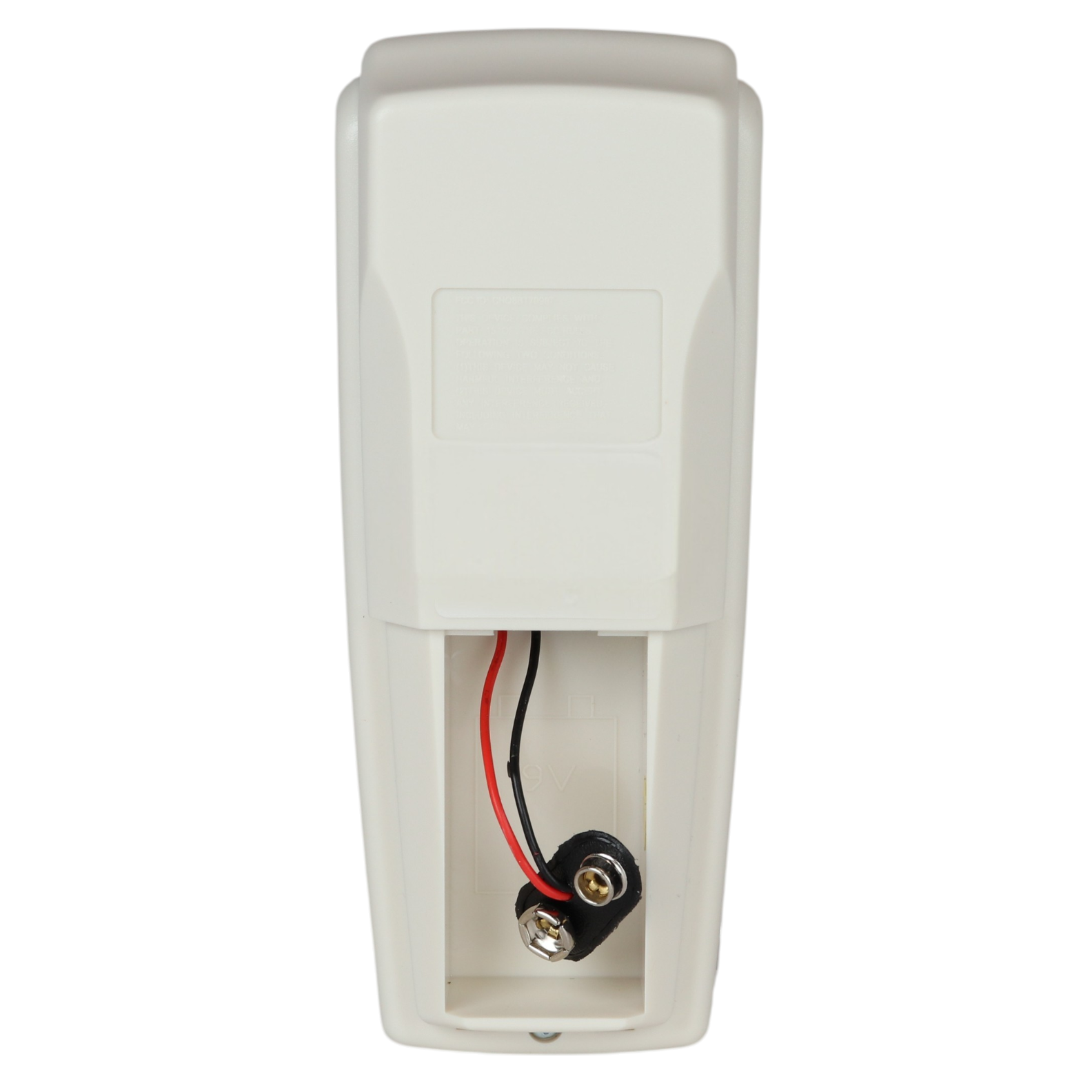 A white plastic electronic device or enclosure with a battery compartment, showing red and black wires connected to a small battery terminal, isolated on a white background.