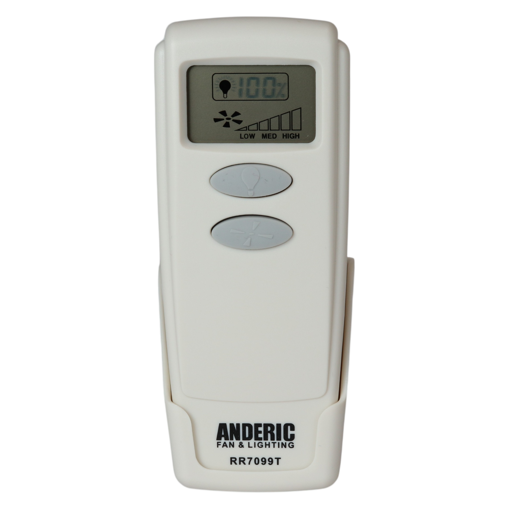 A white handheld electronic device with a small digital display screen, two oval buttons, and the brand name ANDERIC printed near the bottom, shown on a plain white background.