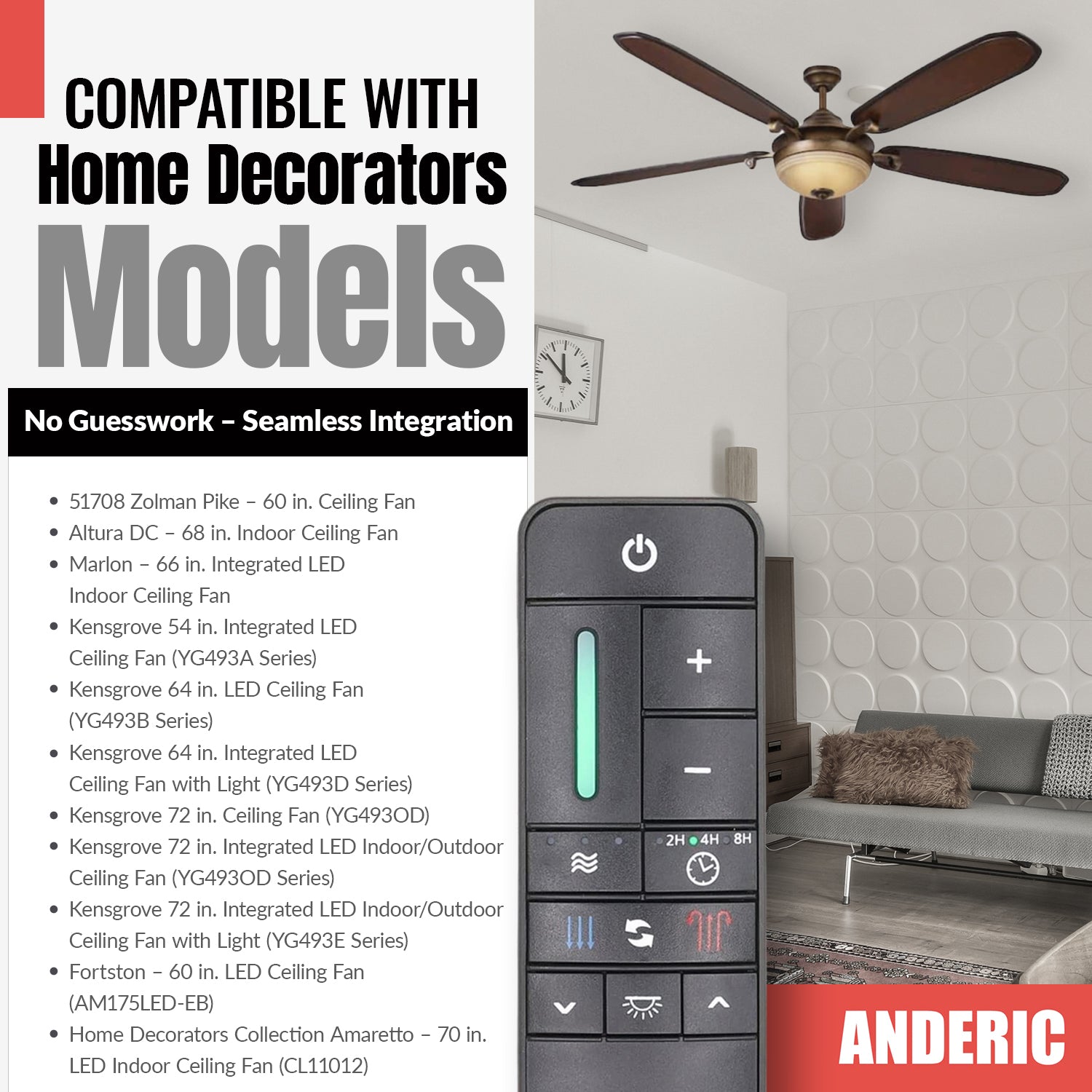 Anderic RR7225T Ceiling Fan Remote Control for Home Decorators Collection | UC7225T, TR198A, KUJCE10308