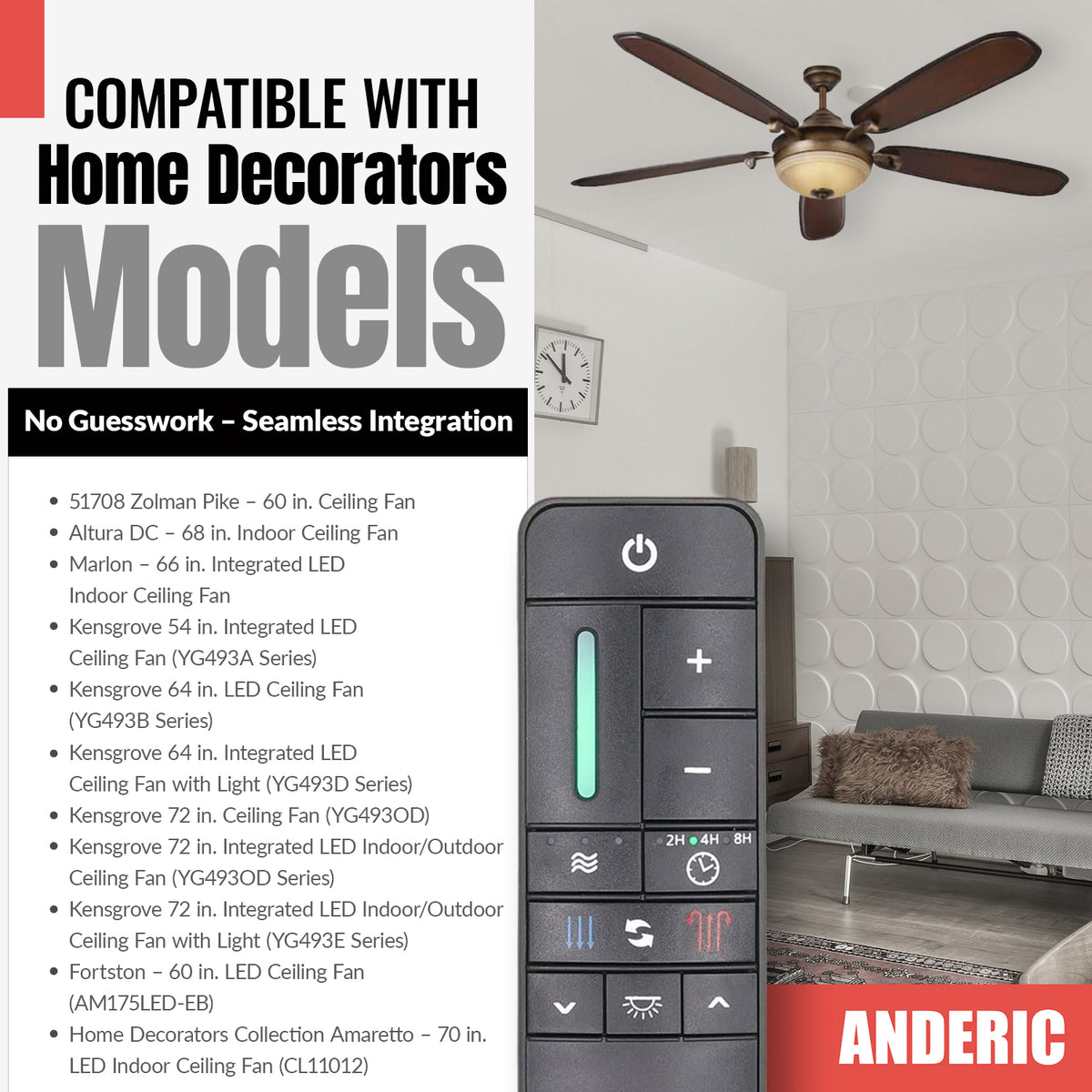Anderic Substitute for TR198A / KUJCE10308 Ceiling Fan Remote Control | RF | DC FANS | Learn Button - KUJCE10308 [RR7225T]