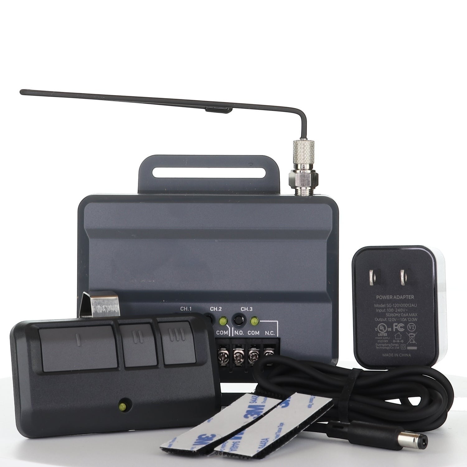 The Anderic RR850LM Universal Garage Door & Gate Opener Conversion Kit includes a relay box, remote, antenna, power adapter, USB cable, and adhesive—perfect for converting and controlling up to 3 garage doors or gates.