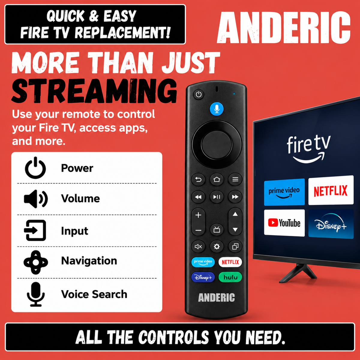 Mando a distancia universal de transmisión de TV Anndreric RRF1G1 | Voz | RF e IR | Todos los Fire TV | Fire Sticks - RR-F1G1