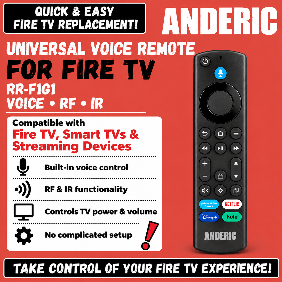 Mando a distancia universal de transmisión de TV Anndreric RRF1G1 | Voz | RF e IR | Todos los Fire TV | Fire Sticks - RR-F1G1