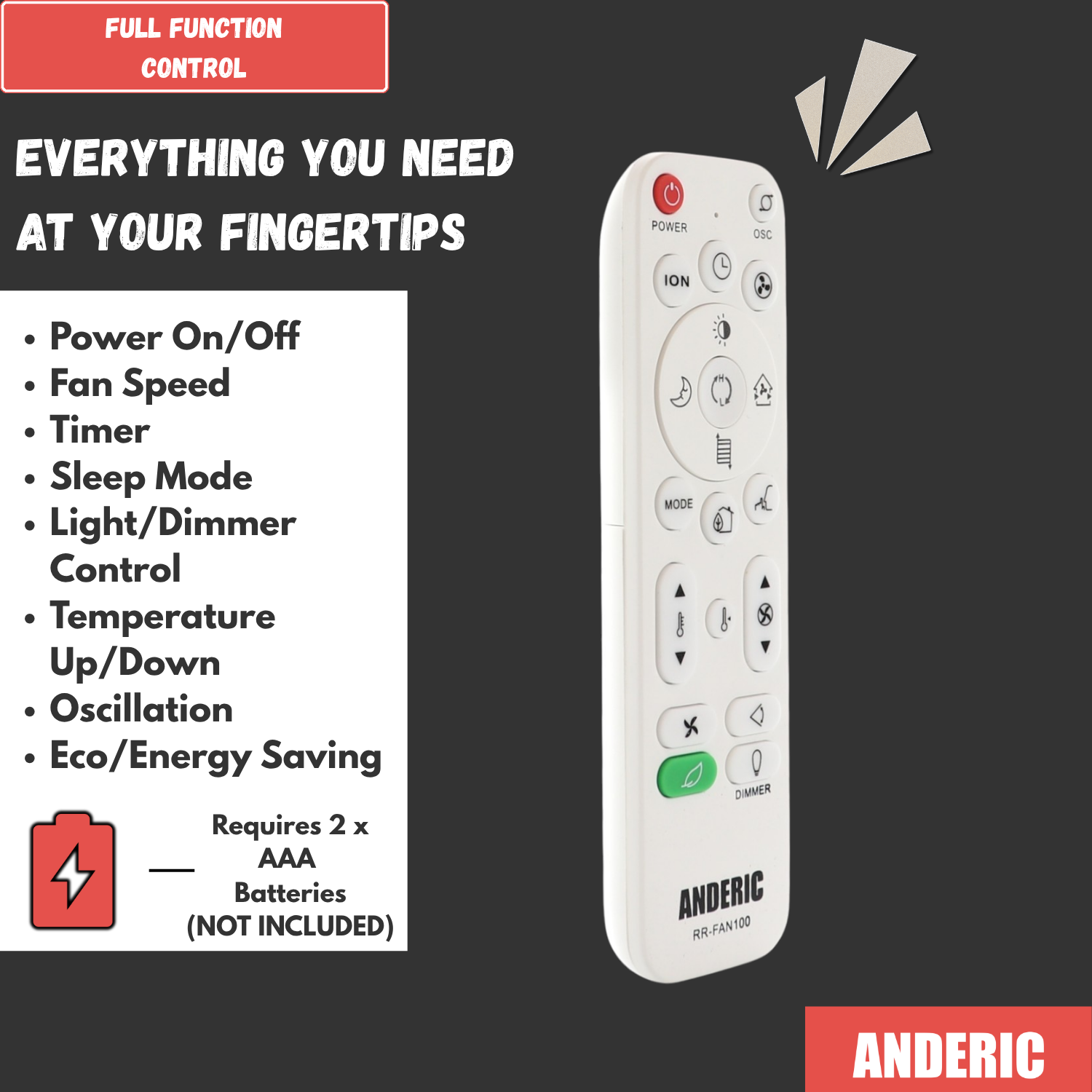 Télécommande universelle pour radiateurs soufflants et ventilateurs sur pied Anderic | Apprentissage | Lasko | DeLonghi - RRFAN100A