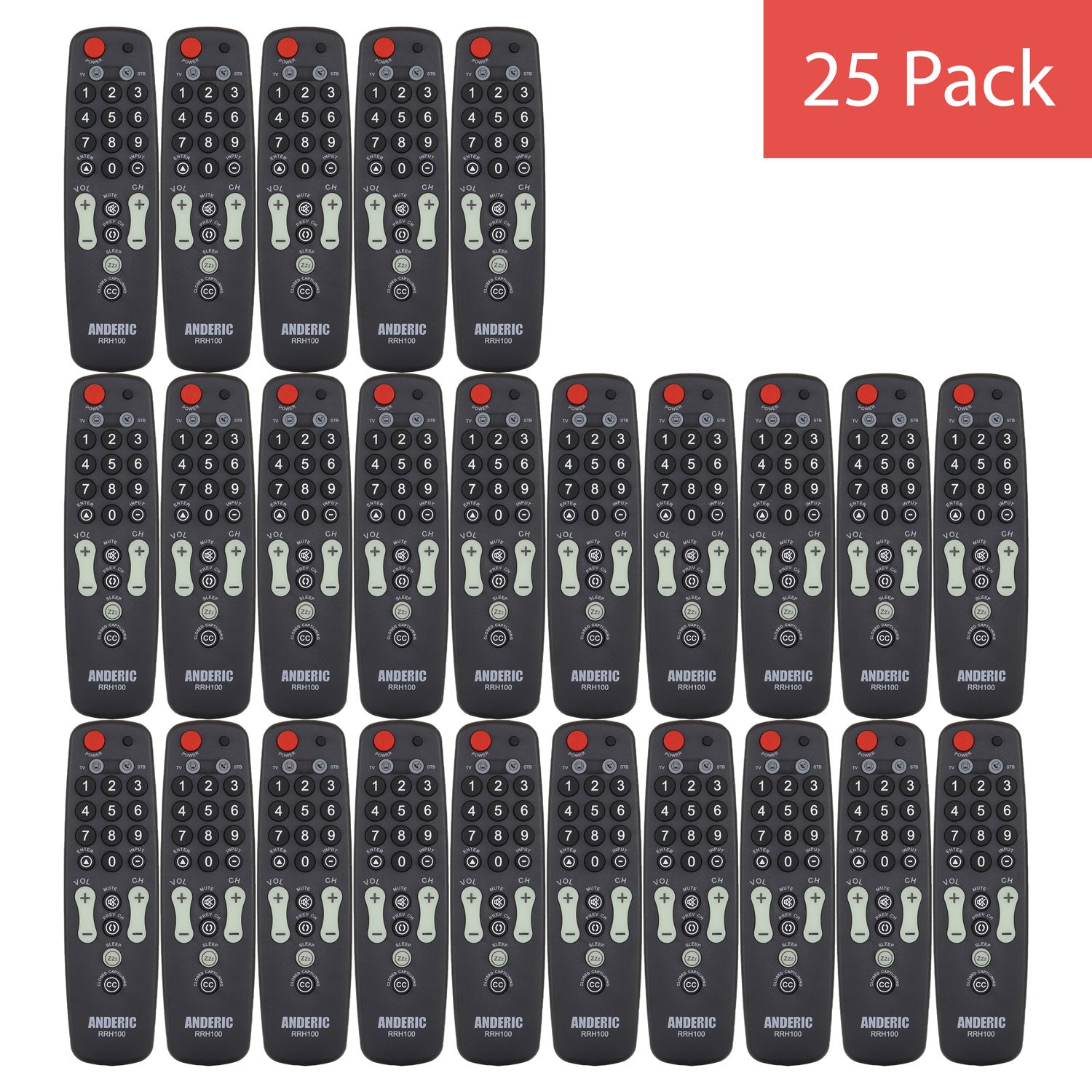 Control remoto universal Anderic RRH100 para televisores y decodificadores de cable de hostelería
