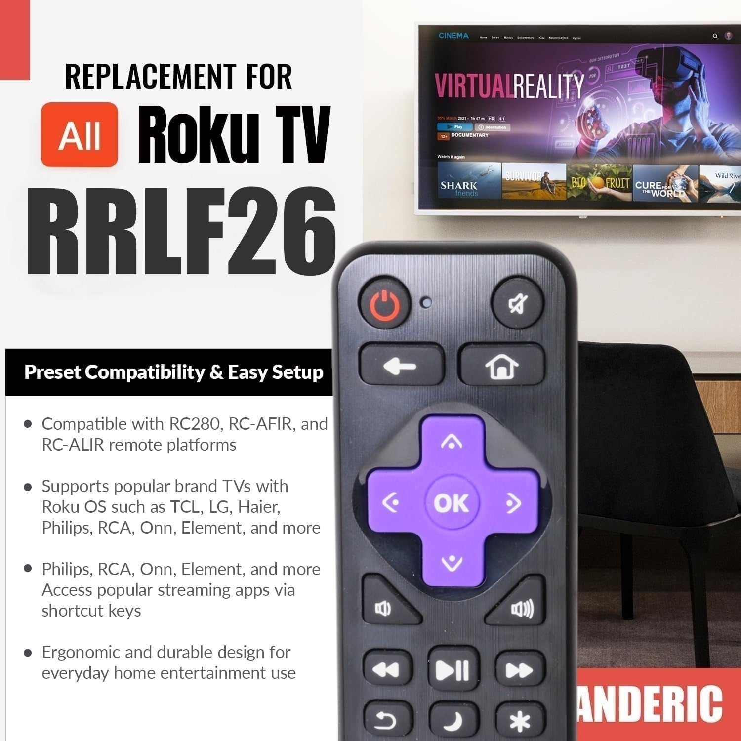 Télécommande de remplacement Anderic RRLF16 pour téléviseurs Roku tels que ONN, Hisense, Philips, TCL, RC-AFIR, RC-ALIR, RC280