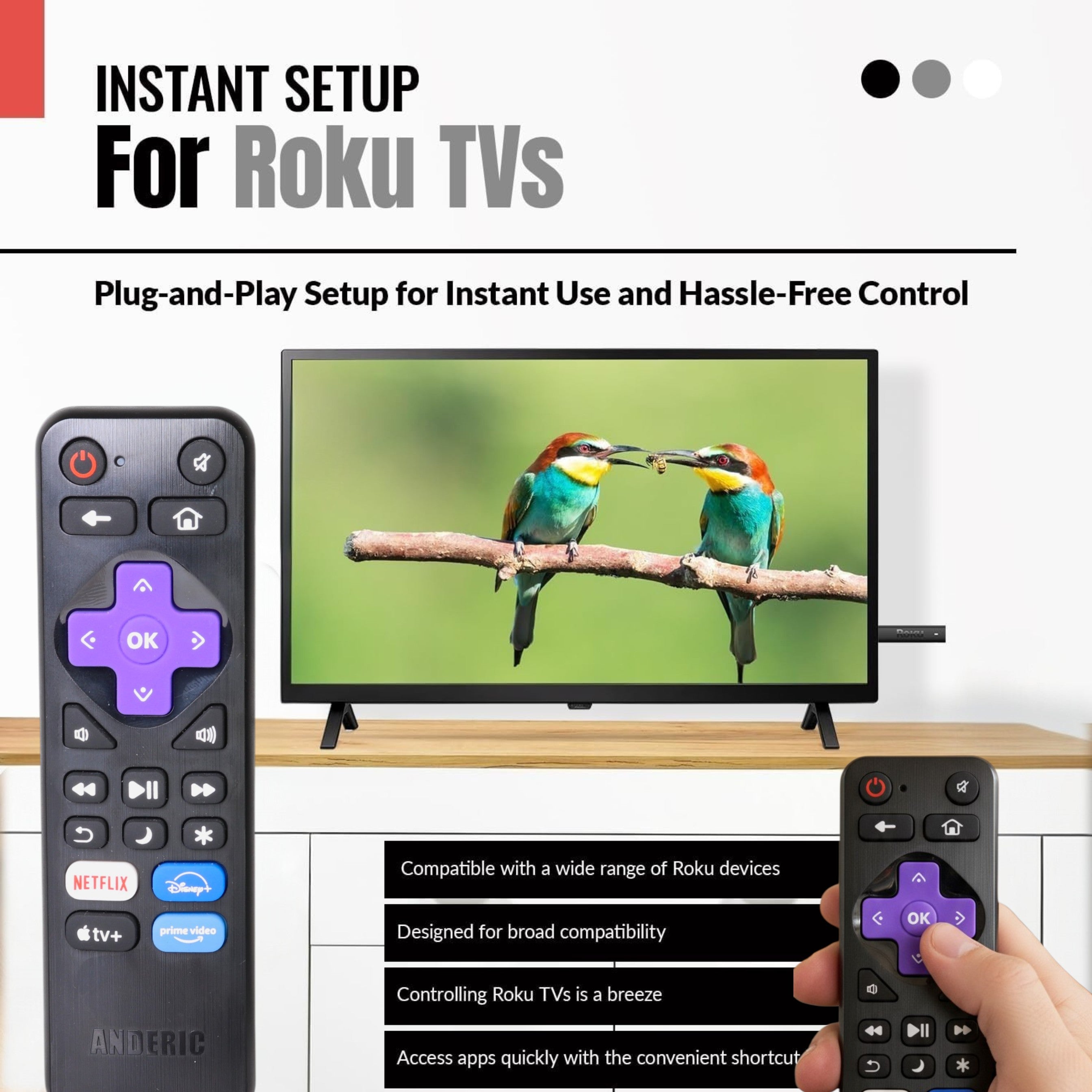 [3-PACK] Anderic RRLF26 (No Programming Needed) Replacement Remote Control for most Roku TVs such as ONN, Hisense, Philips, TCL, Hiro