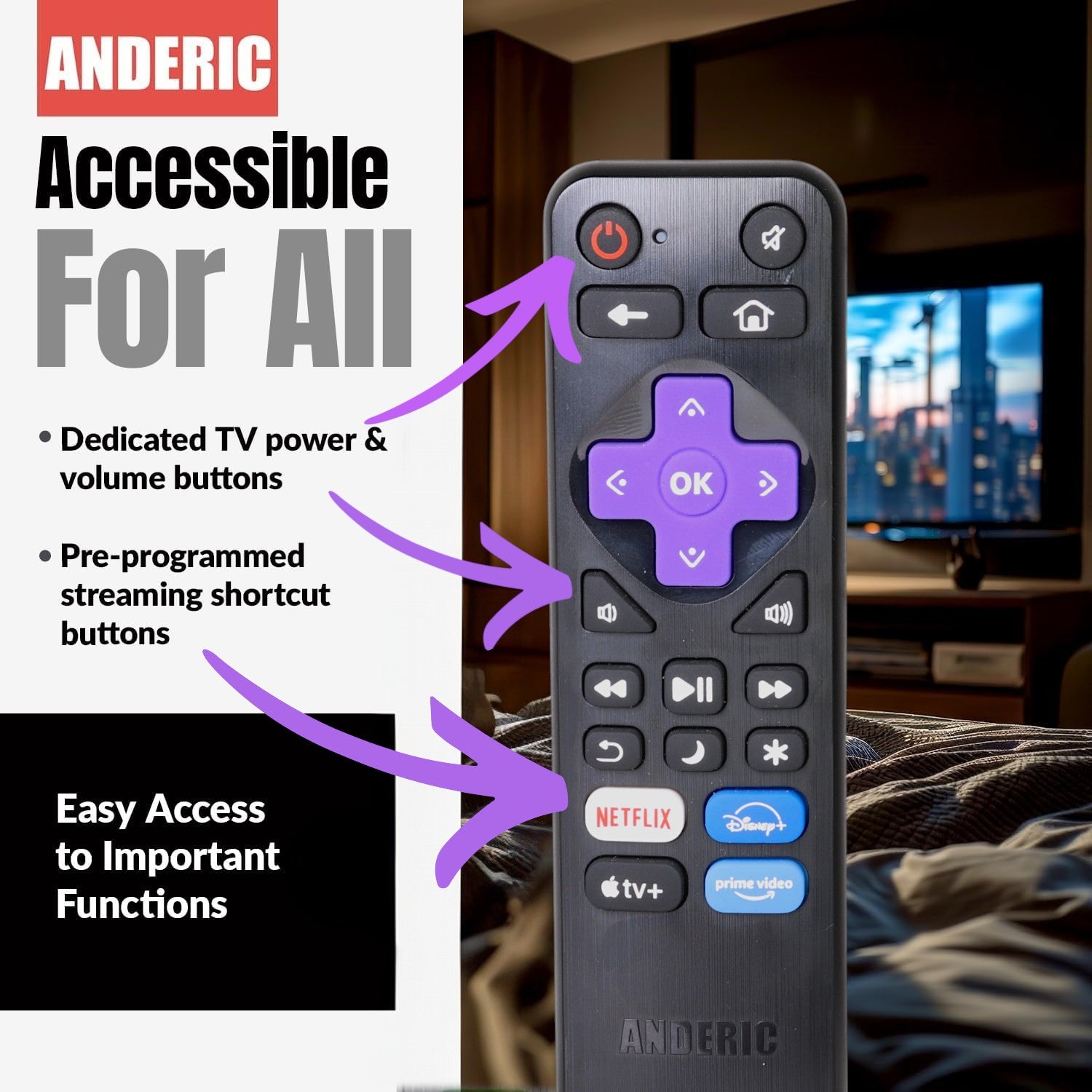 [3-PACK] Anderic RRLF26 (No Programming Needed) Replacement Remote Control for most Roku TVs such as ONN, Hisense, Philips, TCL, Hiro