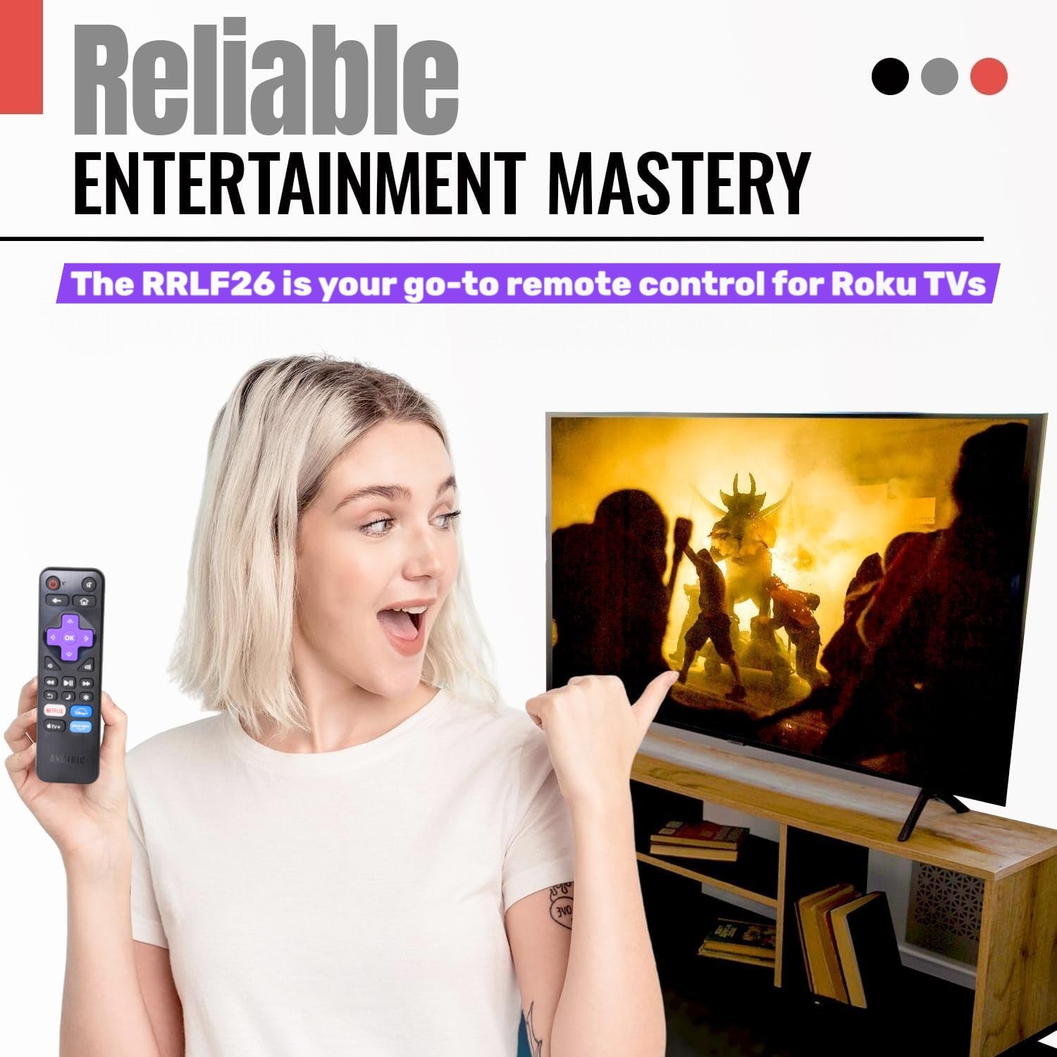 Télécommande de remplacement Anderic RRLF16 pour téléviseurs Roku tels que ONN, Hisense, Philips, TCL, RC-AFIR, RC-ALIR, RC280