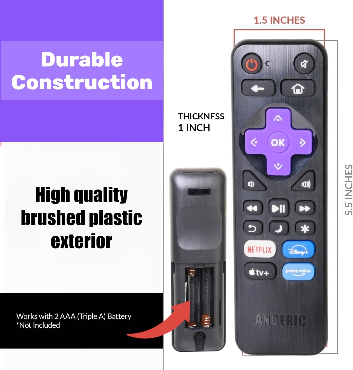 Télécommande de remplacement Anderic RRLF16 pour téléviseurs Roku tels que ONN, Hisense, Philips, TCL, RC-AFIR, RC-ALIR, RC280