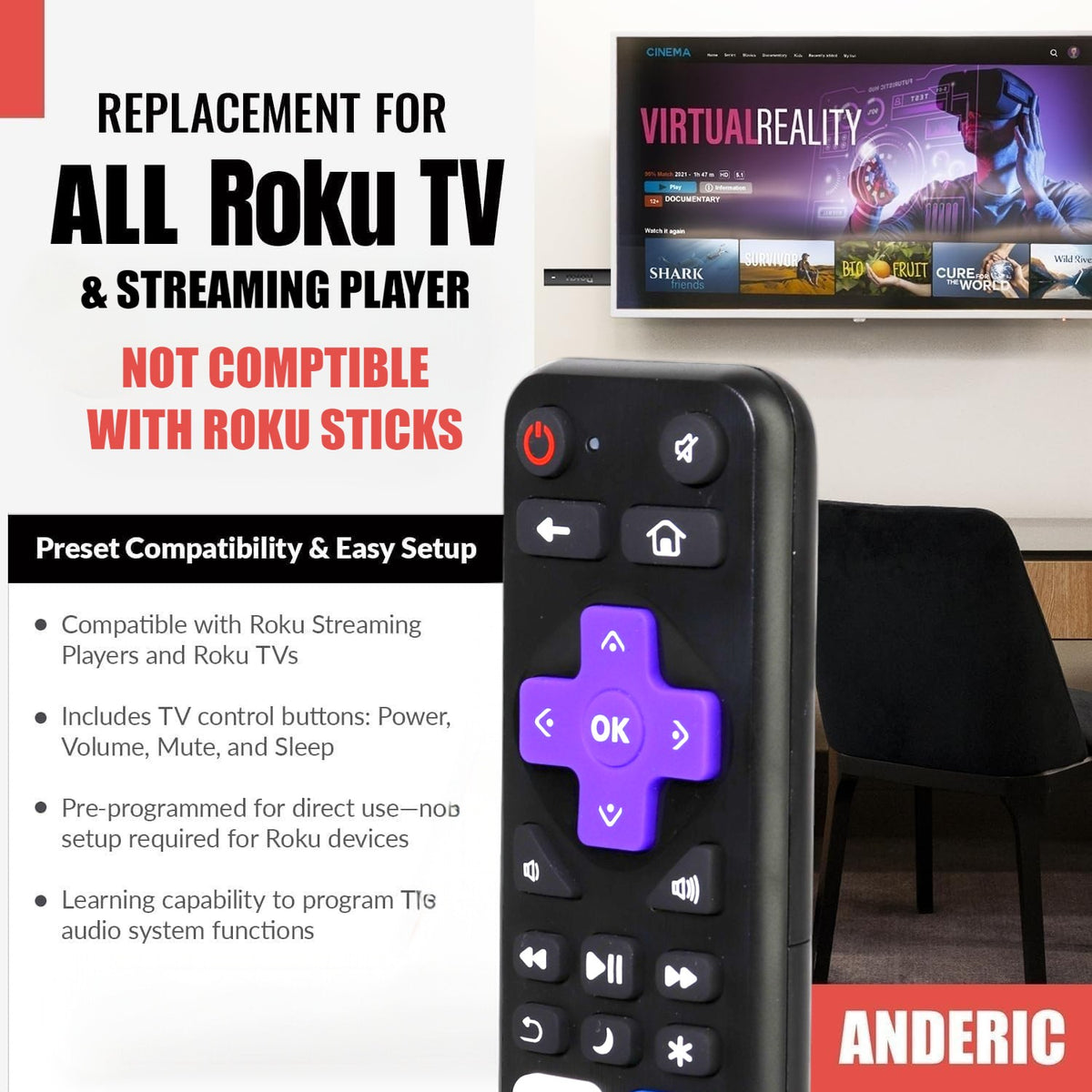 Anderic RRST01.26 Universal for all Roku Players and TV's with Learning | Replaces RC-ALIR, RC-CHIR, RC280, Ultra, Express, and more