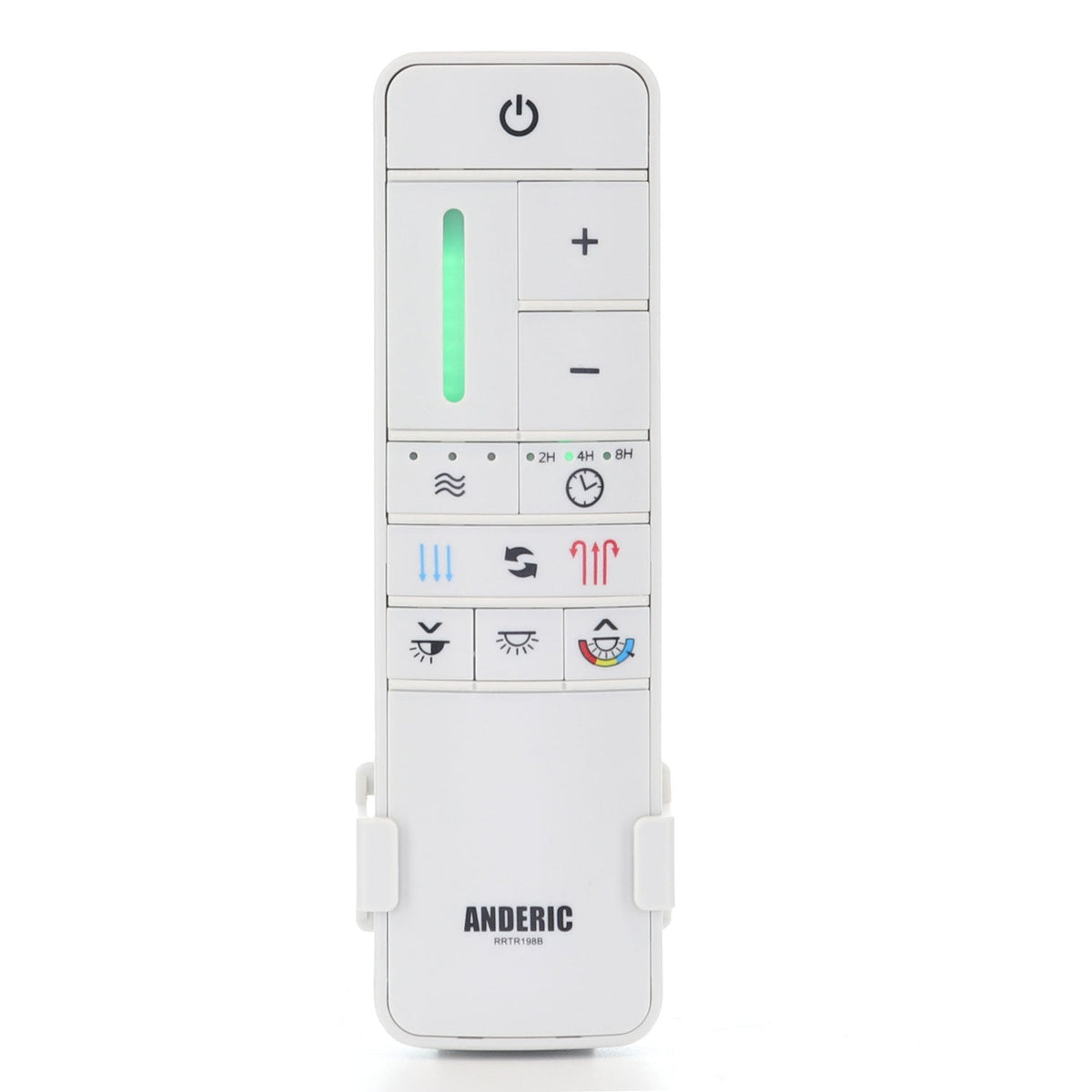 The Anderic TR198B remote control for Home Decorators Collection ceiling fans is a sleek white device featuring buttons for power, temperature, fan speed, timer, and more. It includes a glowing green LED on the front panel.