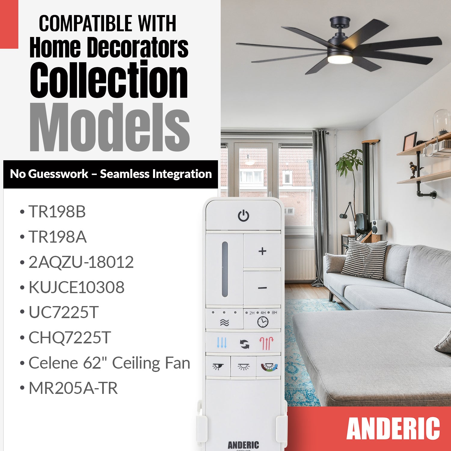 Promotional graphic for the Anderic TR198B Ceiling Fan Remote Control (for Home Decorators Collection; 2AQZU-18012, KUJCE10308, TR198A, RRTR198B) with living room and fan image; perfect direct replacement.