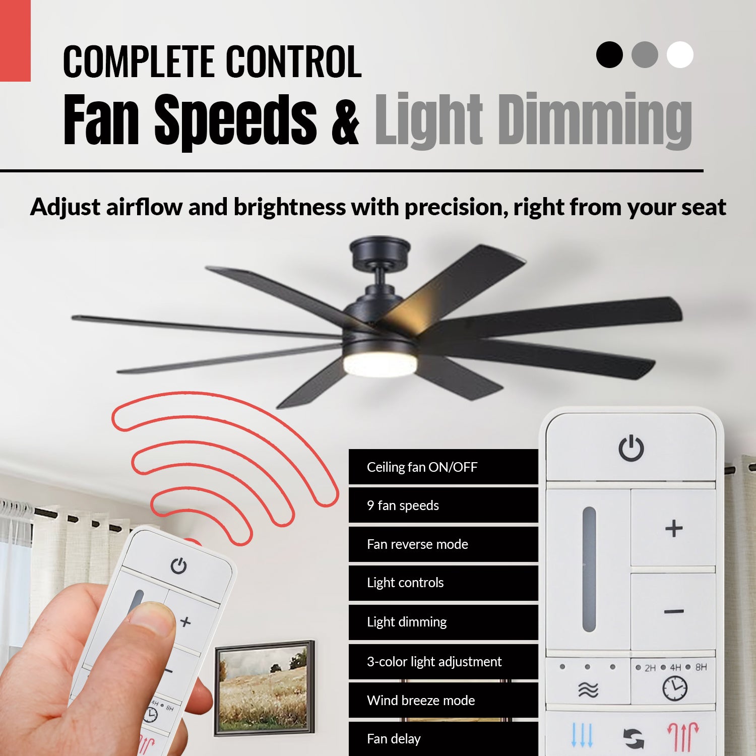 A hand holds the Anderic TR198B remote for Home Decorators Collection ceiling fans, aimed at a fan with light, highlighting its direct replacement compatibility, speed control, light dimming, and multiple fan modes.