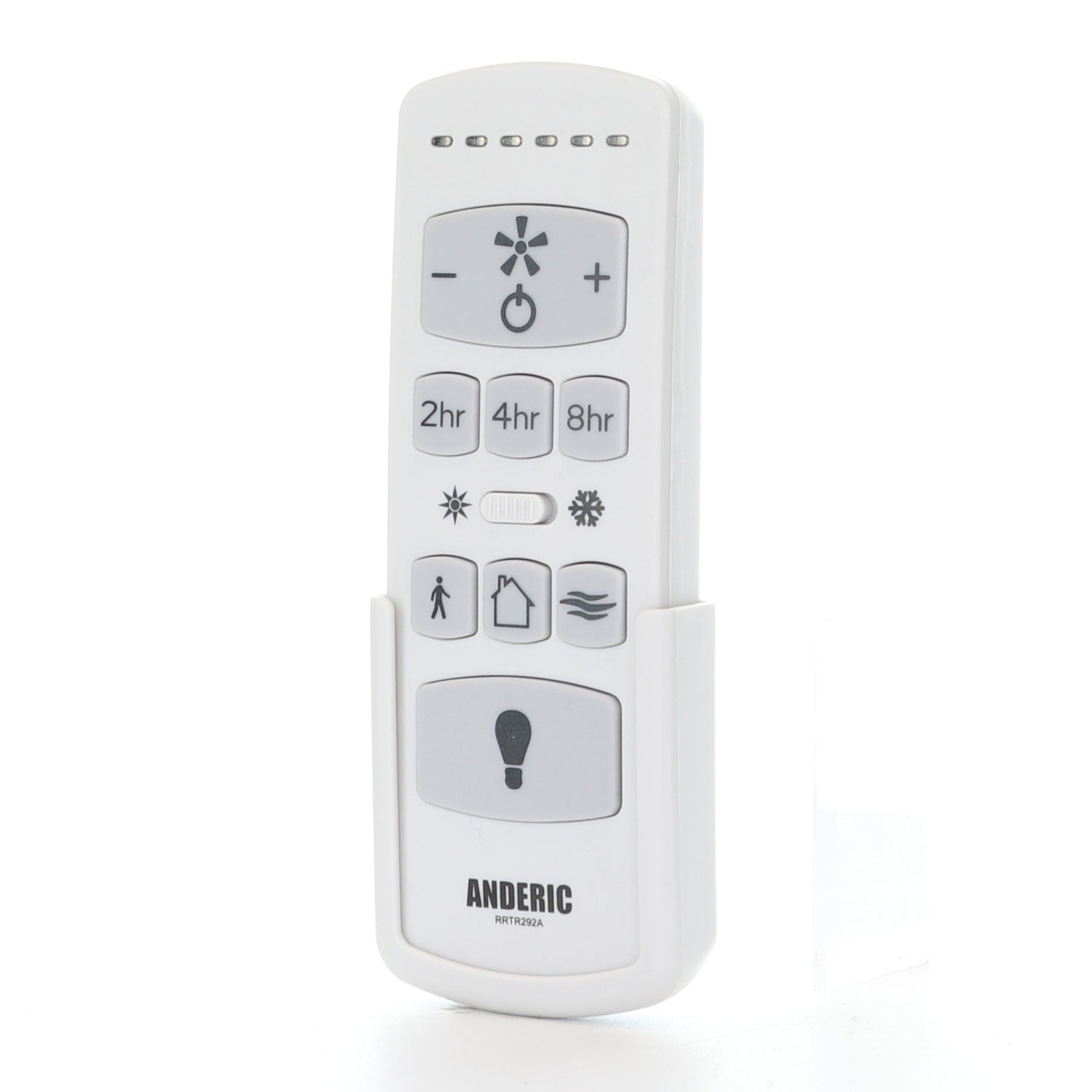The Anderic RRTR292A remote control for Harbor Breeze fans, labeled "ANDERIC," offers buttons for light, fan speed, and timer options. It's a suitable upgrade with a holder included for enhanced convenience and organization.