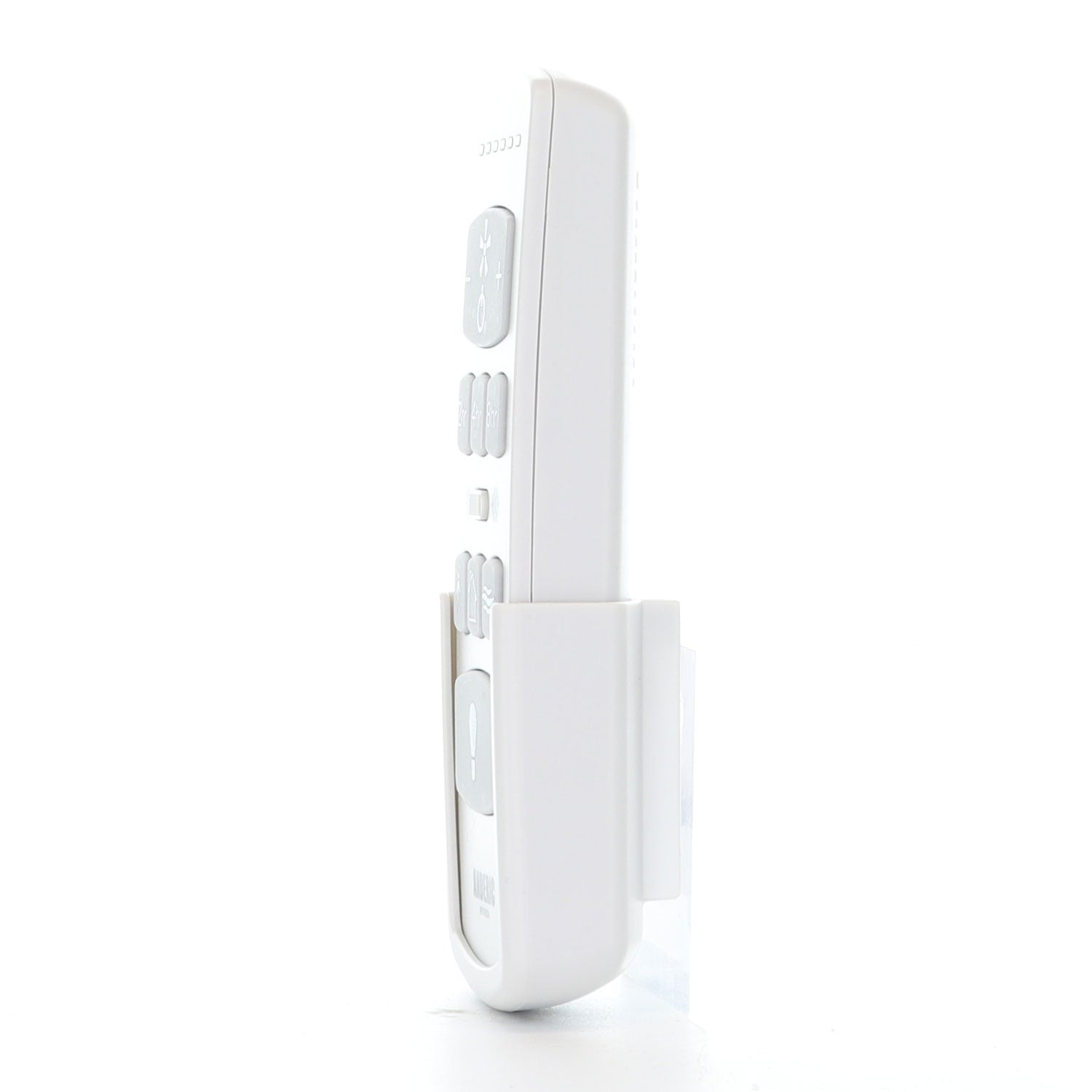 Side view of a white wall-mounted holder with an Anderic RRTR292A remote control for Harbor Breeze KUJCE10612, TR292A, TRD050G1M, 2AQZU18053 ceiling fans inserted—perfect for upgrading your fan experience.