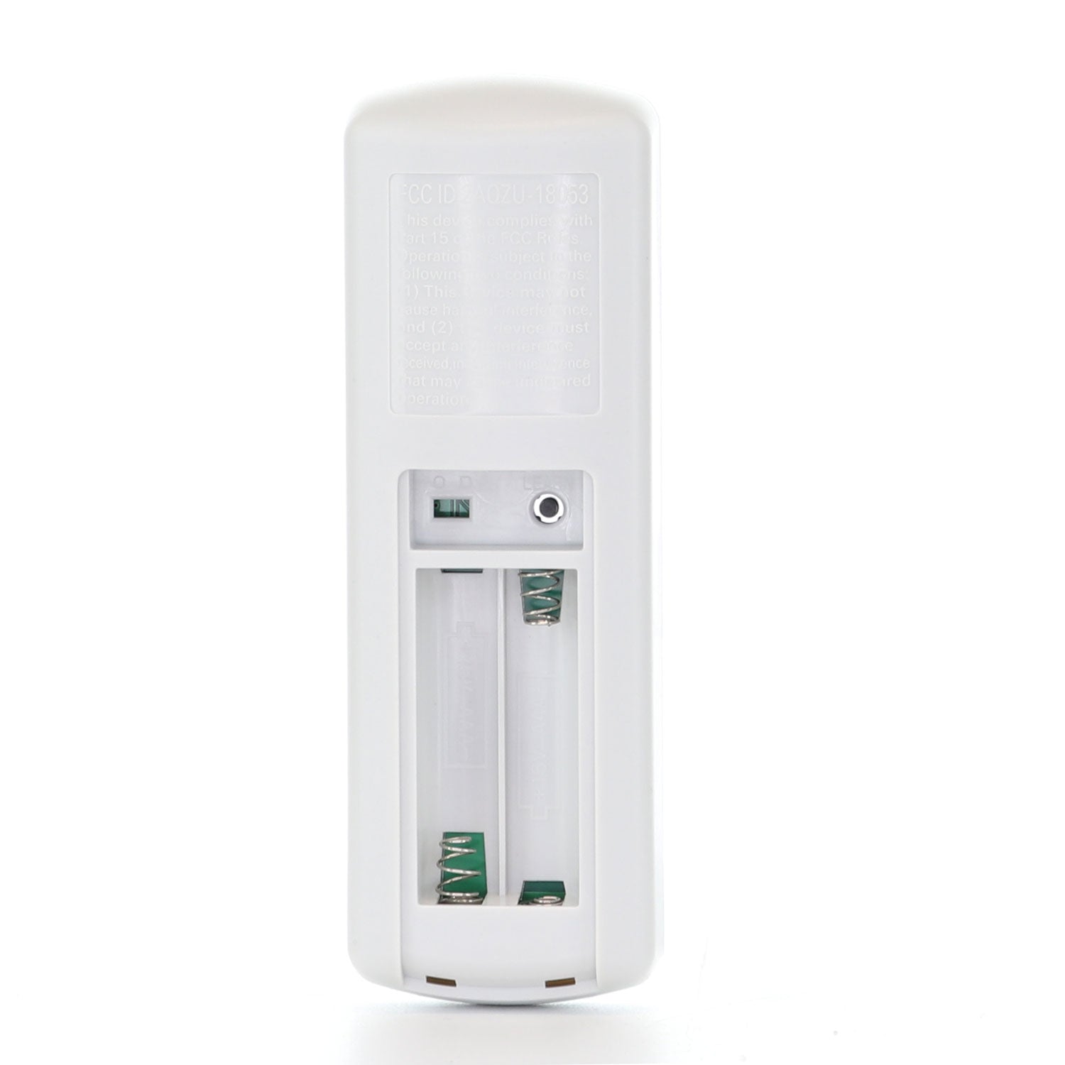 The back view of the white Anderic RRTR292A remote shows an open battery compartment with two empty slots and metal contacts, ideal for upgrading Harbor Breeze ceiling fans.