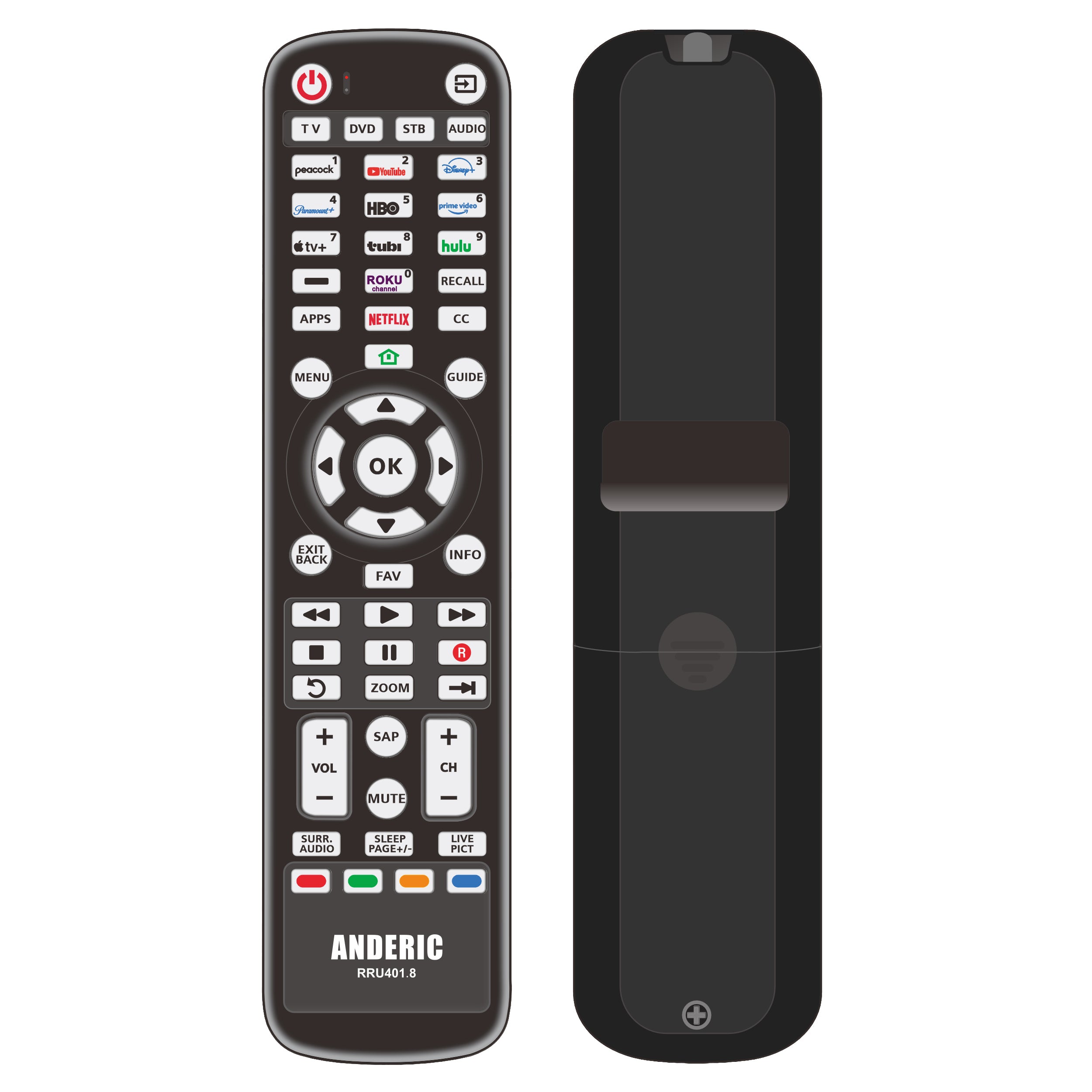 Anderic RRU401.8 Smart TV 4-Device Universal Remote Control | Smart App Shortcuts | Learning | Backlight
