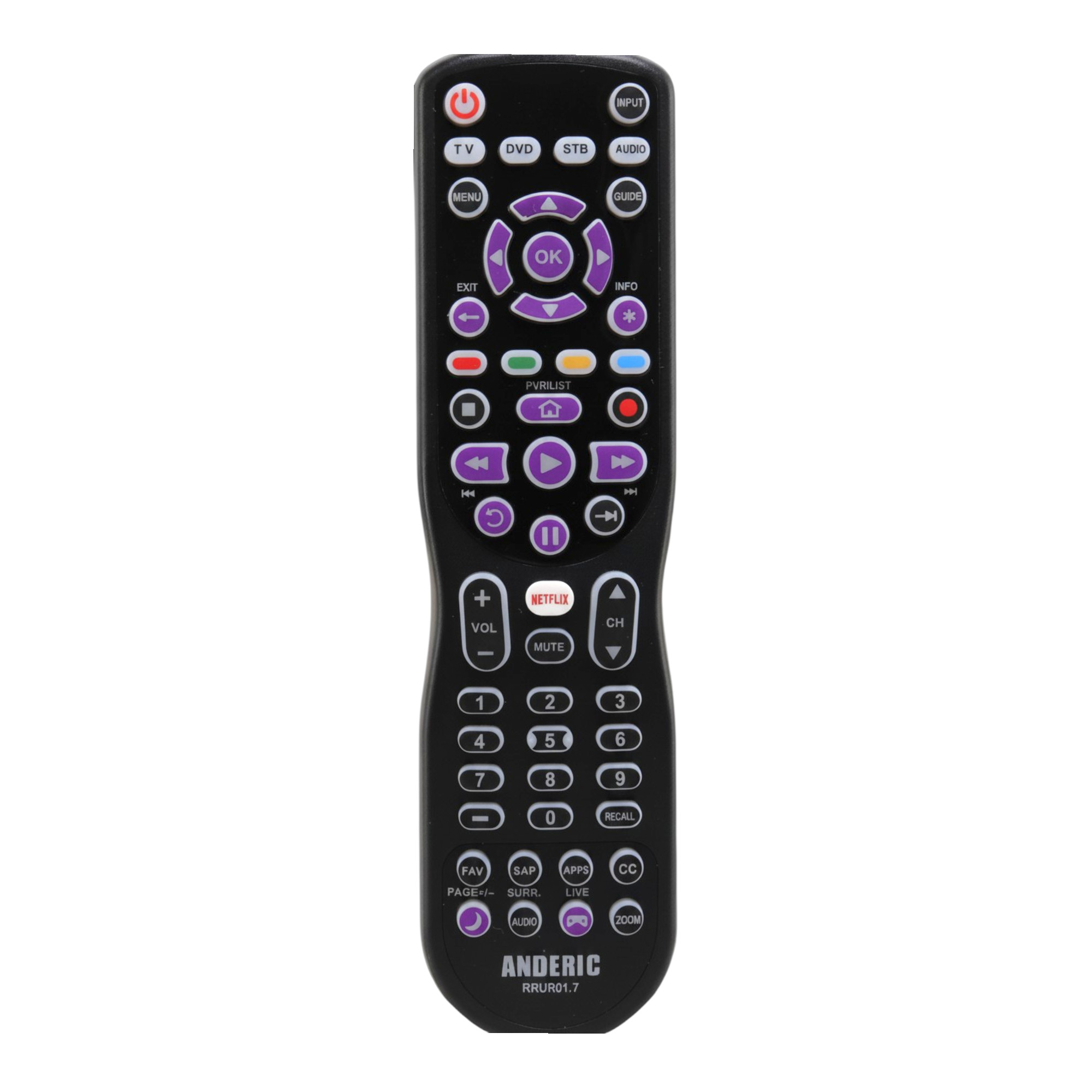 Control remoto universal Anderic para 4 dispositivos, compatible con reproductores de streaming Roku y televisores Roku Enhanced - RRUR01.7