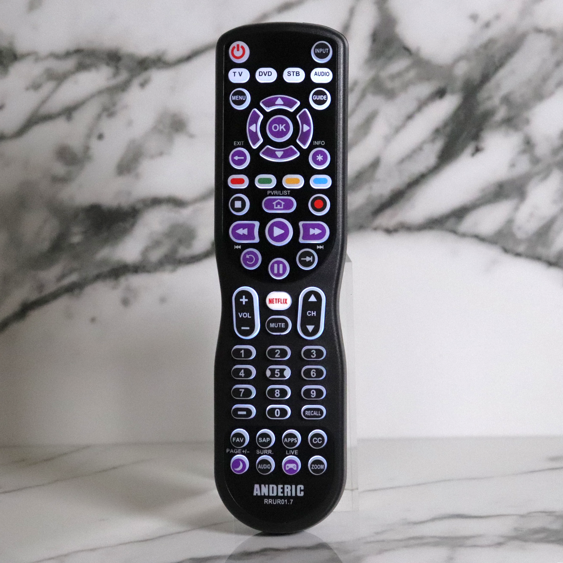 Control remoto universal Anderic para 4 dispositivos, compatible con reproductores de streaming Roku y televisores Roku Enhanced - RRUR01.7