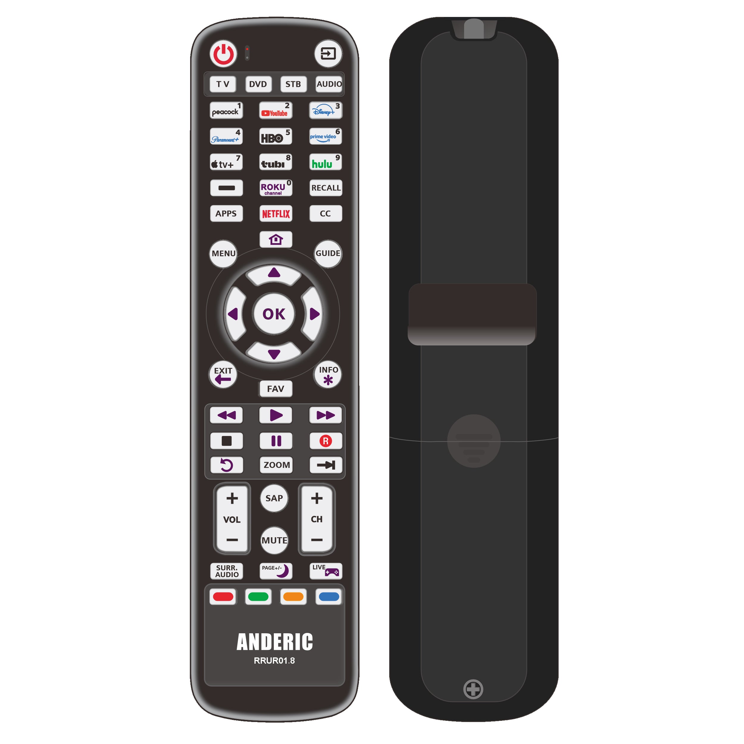 Télécommande universelle Anderic RRUR01.8 4 appareils pour lecteurs de streaming Roku et téléviseurs Roku avec rétroéclairage, apprentissage et macro