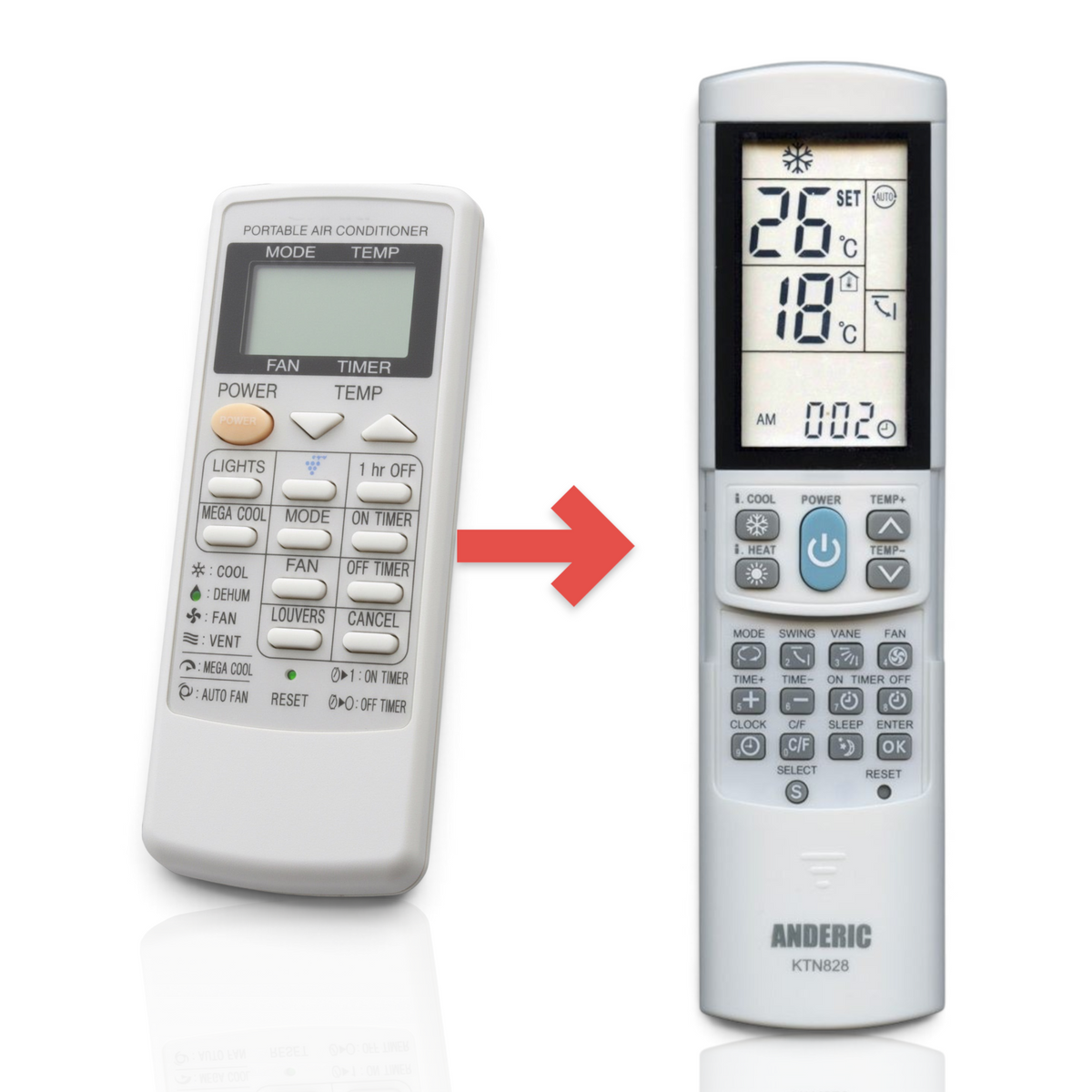Anderic KTN828 universal remote control replacing a Sharp CRMCA663JBE air conditioner remote with LCD display