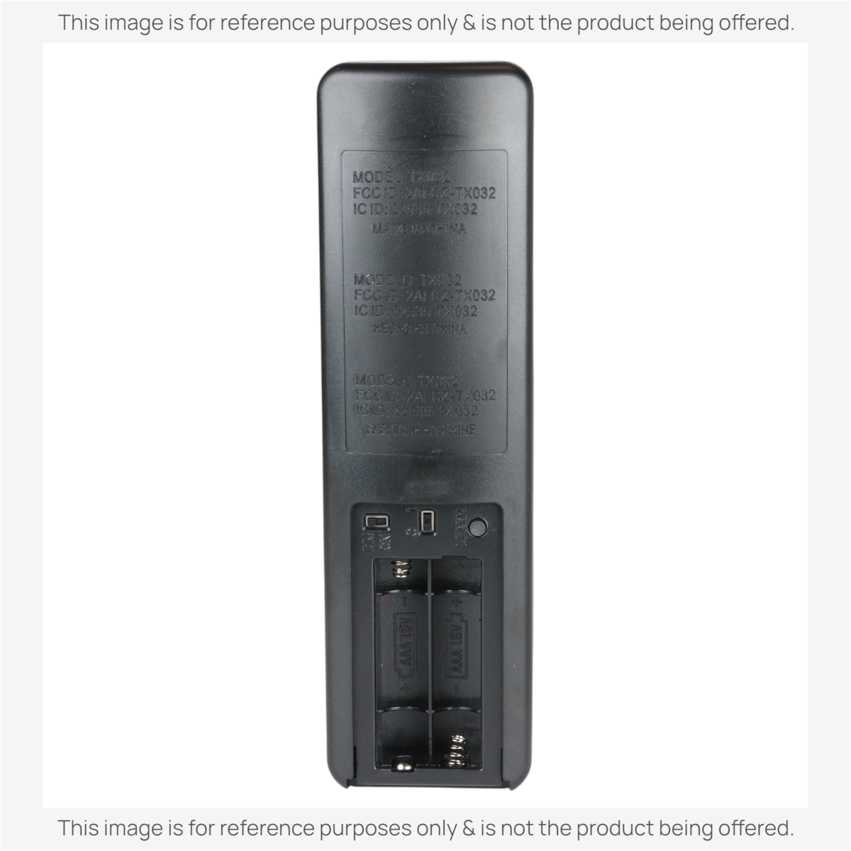 Anderic replacement ceiling fan remote control back view showing battery compartment and model information