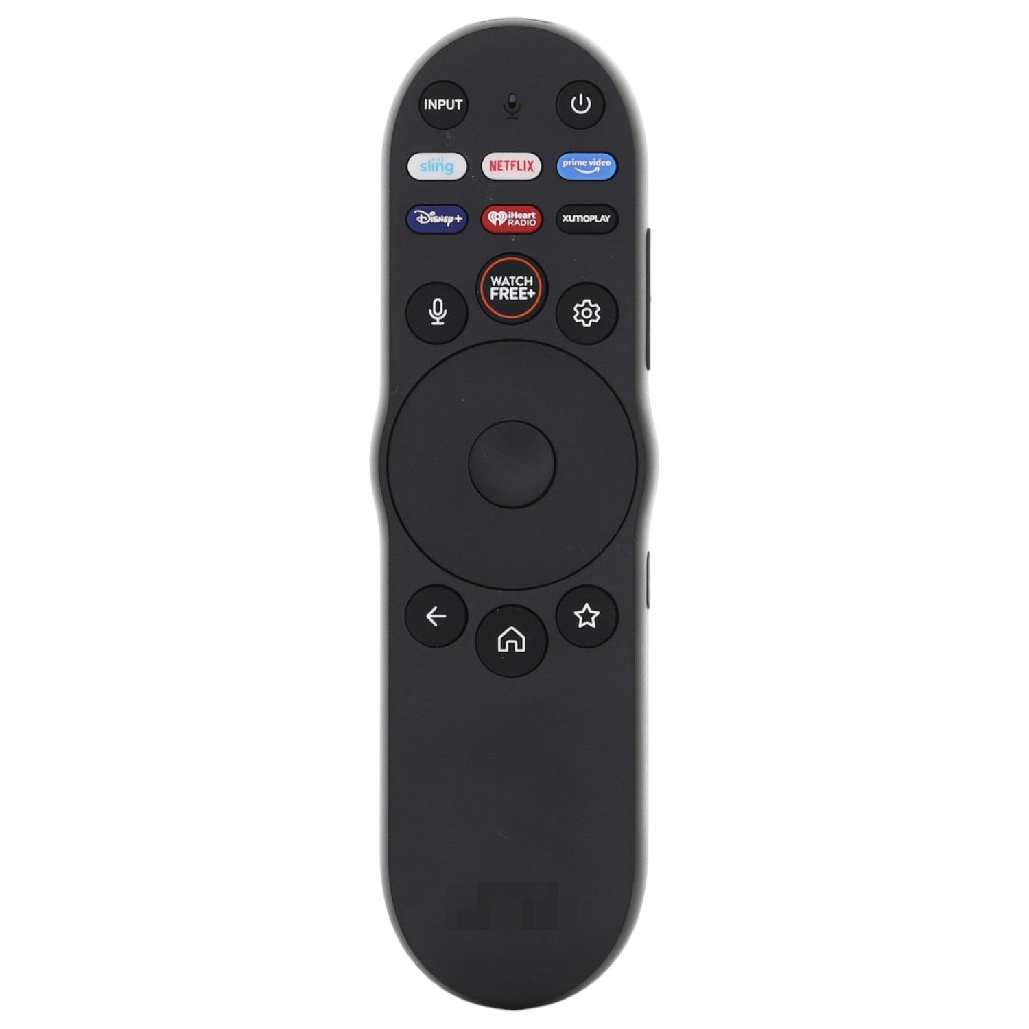 Black remote control with various buttons on a white background