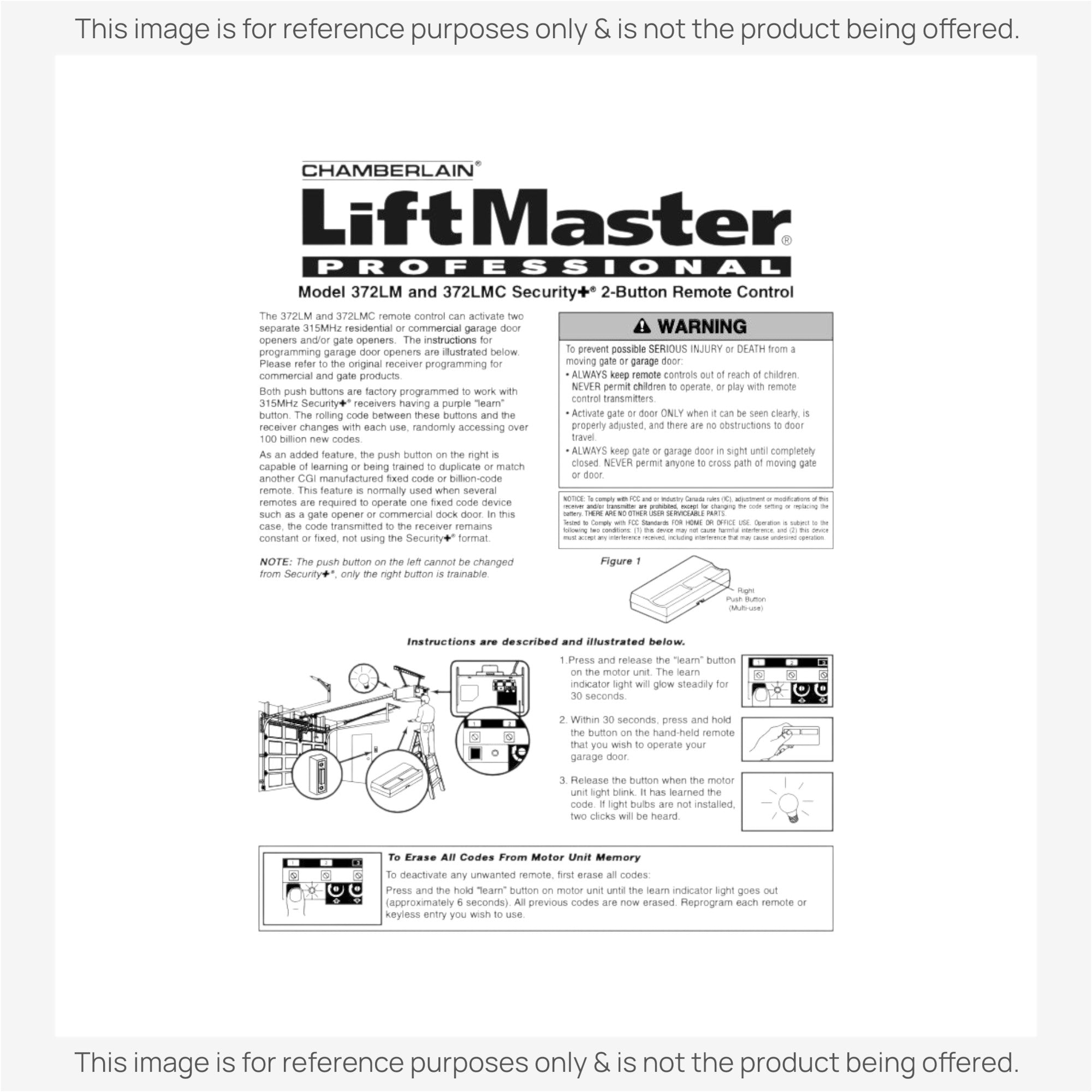Sustituto para el control remoto de apertura de puerta de garaje AccessMaster 372AC de 2 botones, visor de 315 MHz [373LM]