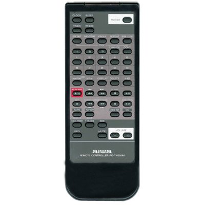 The Aiwa 82NK4638010 Audio Remote Control has a sleek black design with a gray button panel and includes buttons for power, volume, and function selection, ensuring seamless control of your audio system.