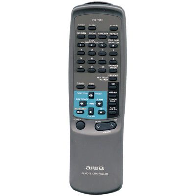 The Aiwa 85NF2615010 Audio Remote Control in gray comes with various black buttons, a blue section for sound settings, and prominently displays the brand logo at the bottom.