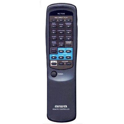 The Aiwa 86NF7951010 Audio Remote Control, like the RCT516W model, offers numerous buttons for TV, DVD, and audio functions. It has a dark gray body with clearly labeled buttons for easy use.