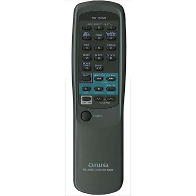 The Aiwa 87NF6630010 Audio Remote Control is a sleek gray device with multiple buttons for power, volume, and function controls. Its design is intuitive and user-friendly, similar to the CXNA50U model.