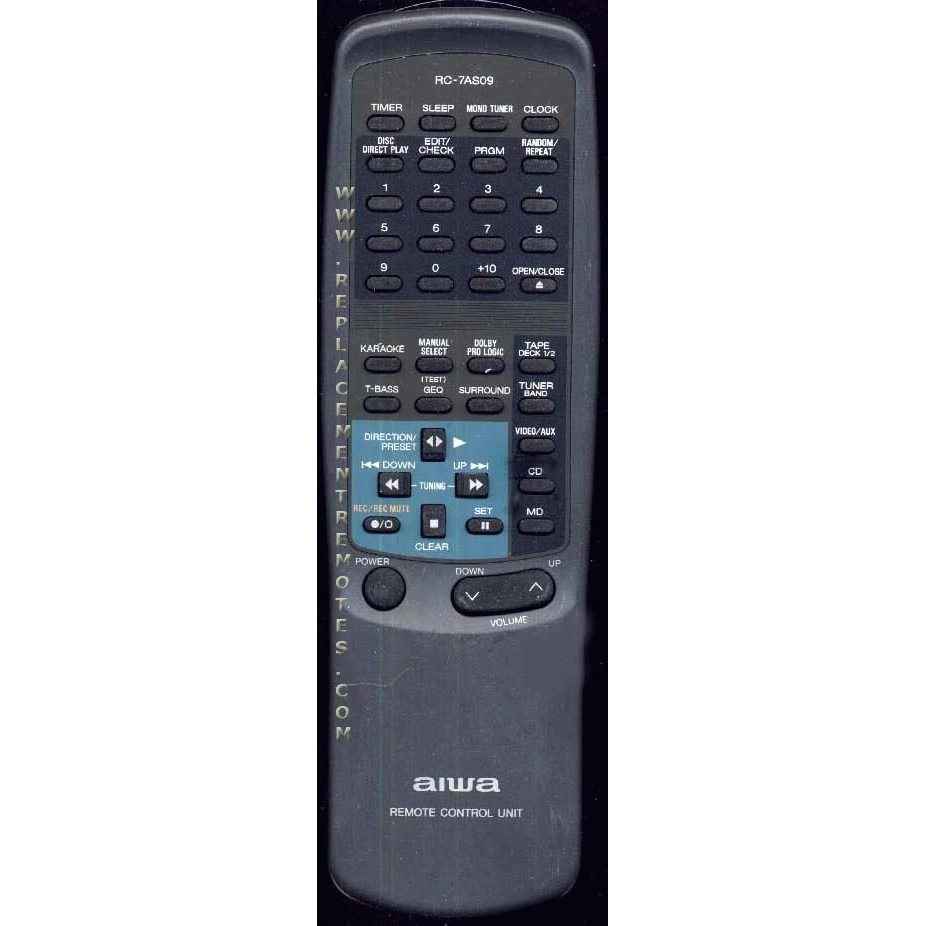 The Aiwa 87NFR640010 Audio Remote Control has a black casing with buttons for power, volume, arrows, and a numeric keypad. Originally included with specific models, it features a prominent blue directional button section.