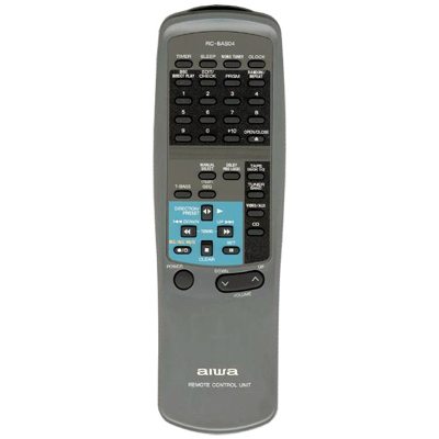 The gray Aiwa 88NFV605010 Audio Remote Control resembles the RC8AS04 model, featuring buttons like power, volume, and a numeric keypad.