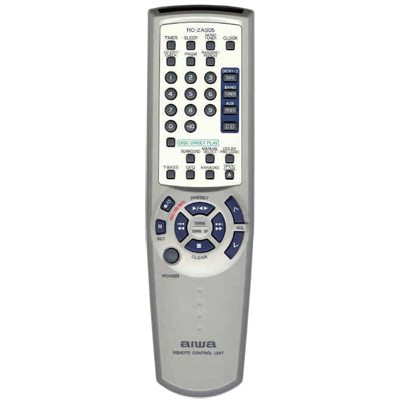The Aiwa 8ZNFV703010 Audio Remote Control includes numerous buttons for functions like power, volume, and mode selection.