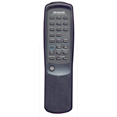 The black Aiwa CADW620U Audio Remote Control has various buttons, such as power and function, arranged in neat rows.