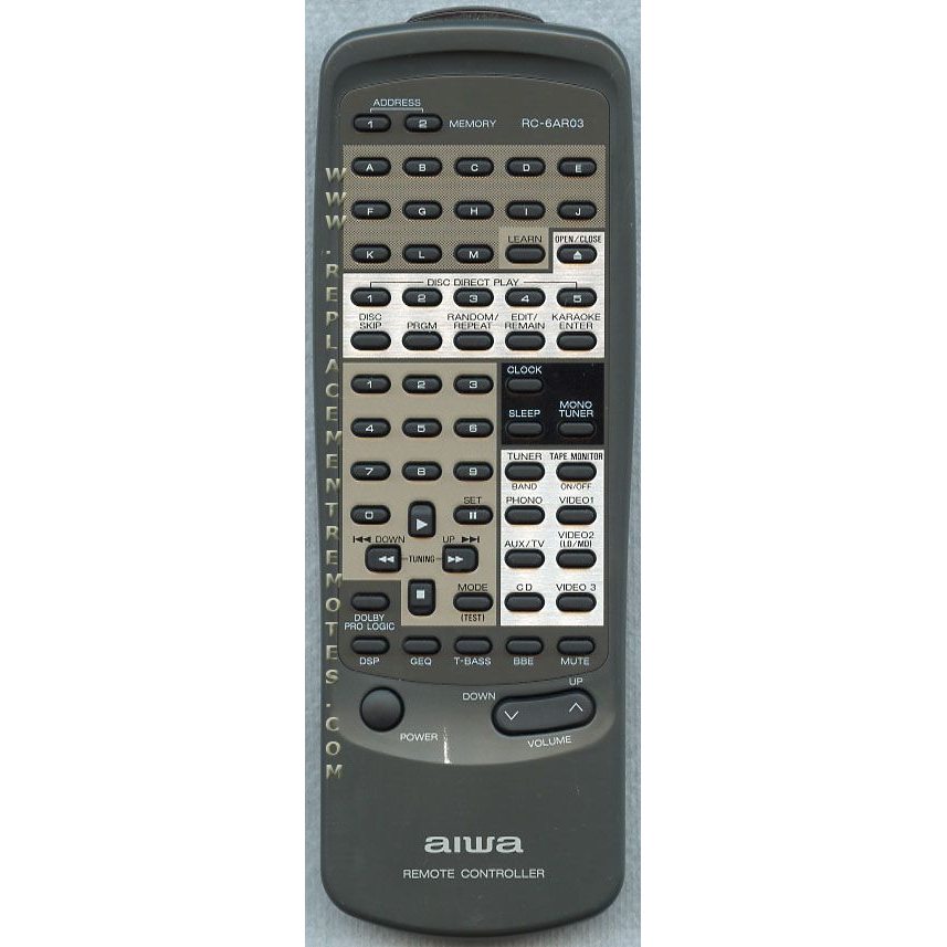 The Aiwa RC6AR03 Audio Remote Control features buttons for power, volume, CD, tape, tuner, clock, and karaoke functions. It easily integrates with the Sony U0112218U model for seamless audio and video management.