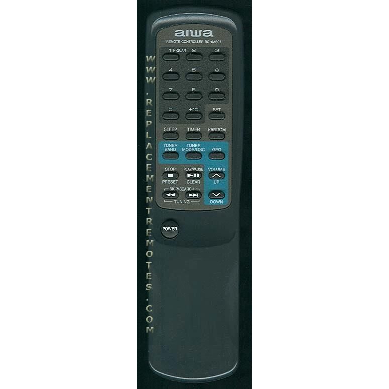 The Aiwa RC6AS07 Audio Remote Control features function buttons such as power, volume, and sleep, arranged vertically on a grey background.