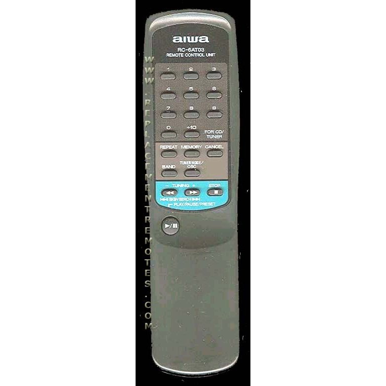 The Aiwa RC6AT03 Audio Remote Control in black, with the CADW530 design, features labeled buttons for tuner, CD, and tape functions. Enjoy play, pause, repeat, memory, and band options for a seamless experience.