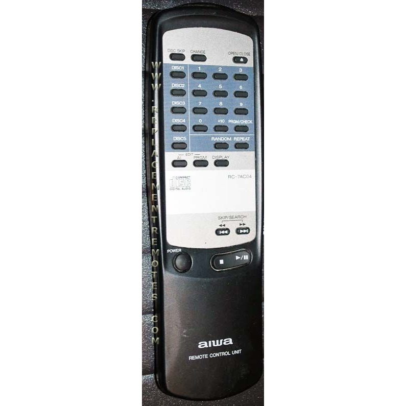 The Aiwa RC7AC04 Audio Remote Control, ideal for XC30 models, has a sleek black and gray design with buttons for disc selection, skip/search, play, pause, stop, and power. Available at National Parts Supply.