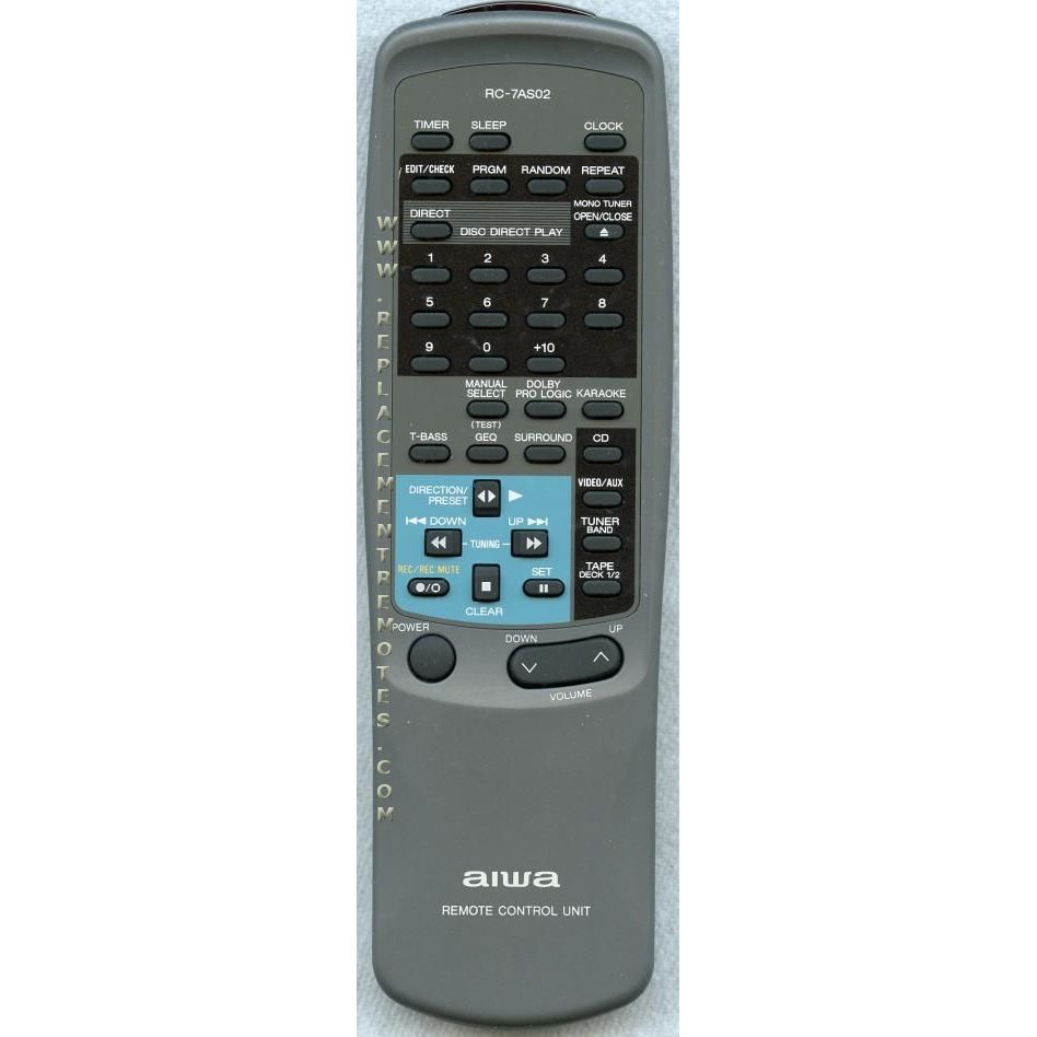 The gray Aiwa RC7AS02 Audio Remote Control features black and blue buttons for functions like power, volume, surround, and karaoke, perfectly complementing your CXZVR660 setup.
