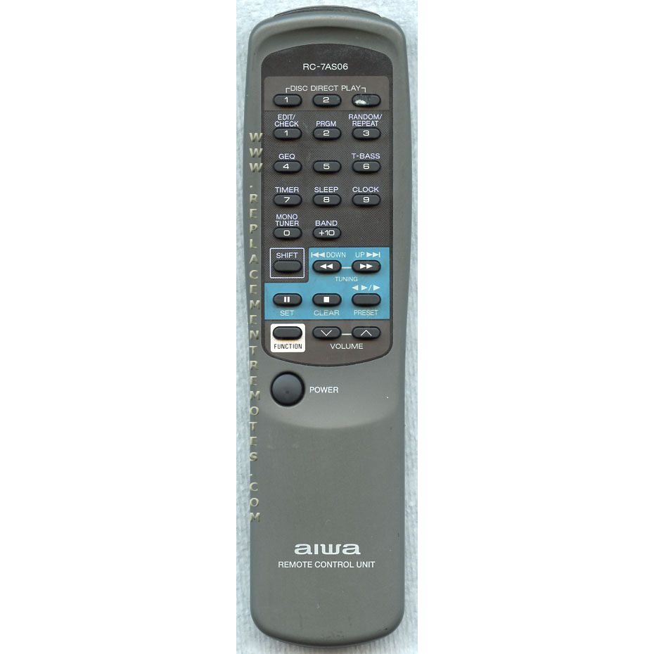 The Aiwa RC7AS06 Audio Remote Control, originally supplied with specific models, includes numerous buttons for functions like power, volume, tuning, and presets.
