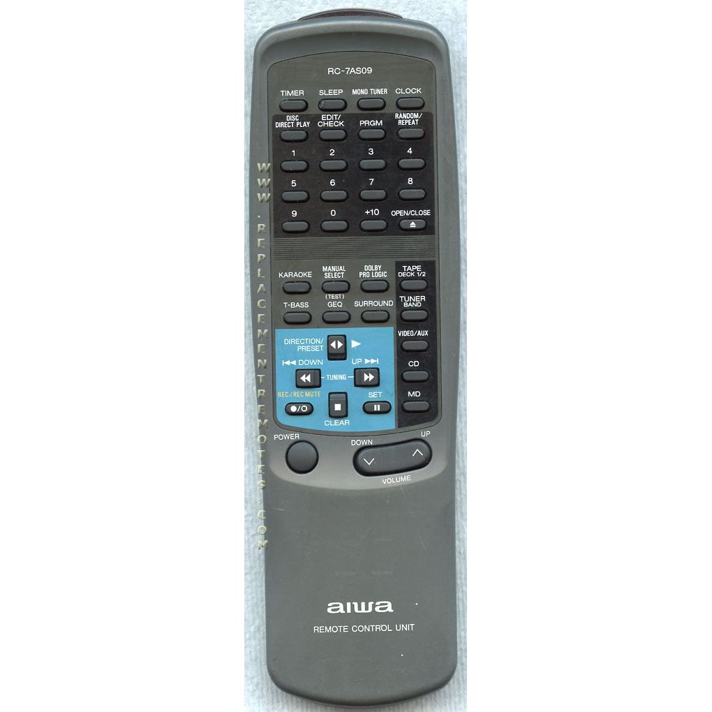 The Aiwa RC7AS09 Audio Remote Control is gray and features black and blue buttons for functions like volume, timer, and power, with the model number prominently displayed at the top.