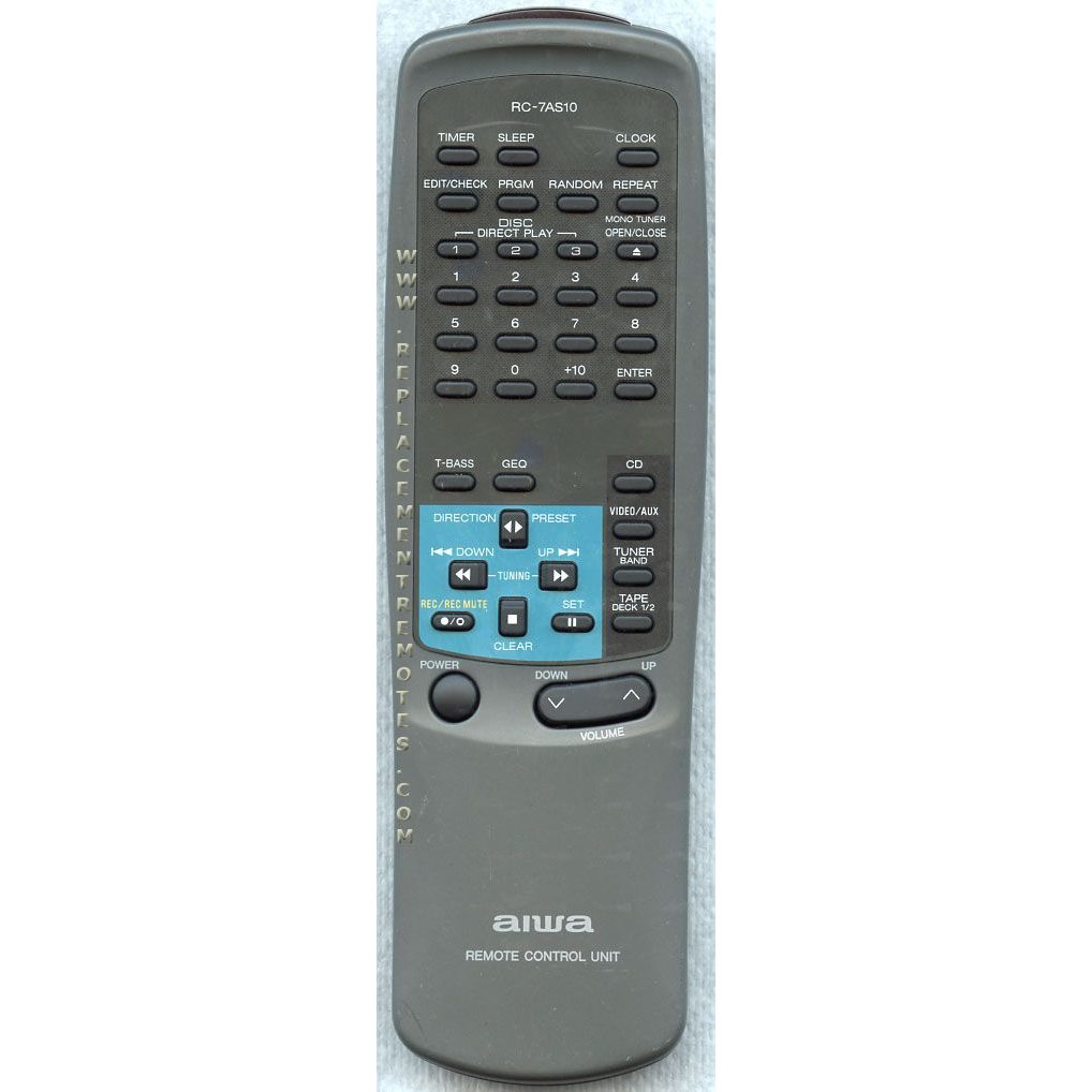 The Aiwa RC7AS10 Audio Remote Control boasts a sleek gray design with black and blue buttons for volume, channel, and input selection. Its top display panel enhances functionality without sacrificing the compact feel.