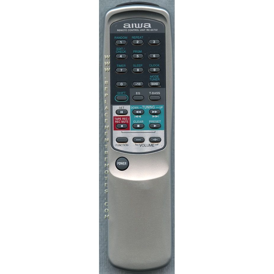 The Aiwa RC8AT02 Audio Remote Control, in silver, has buttons for power, volume, tuning, and presets. It features a display, numeric keypad, and a red "Tape Rec" button to seamlessly enhance your audio experience.