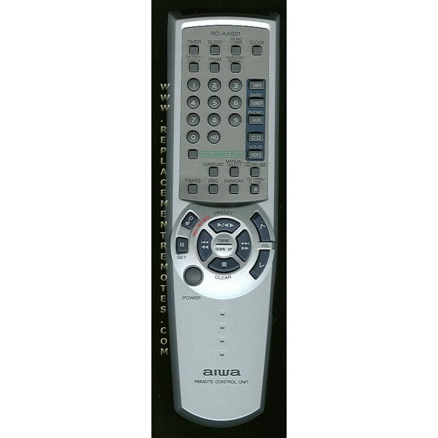The Aiwa RCAAS01 Audio Remote Control offers an array of buttons for power, volume, and playback on a stylish black design, ideal for replacing your old remote.