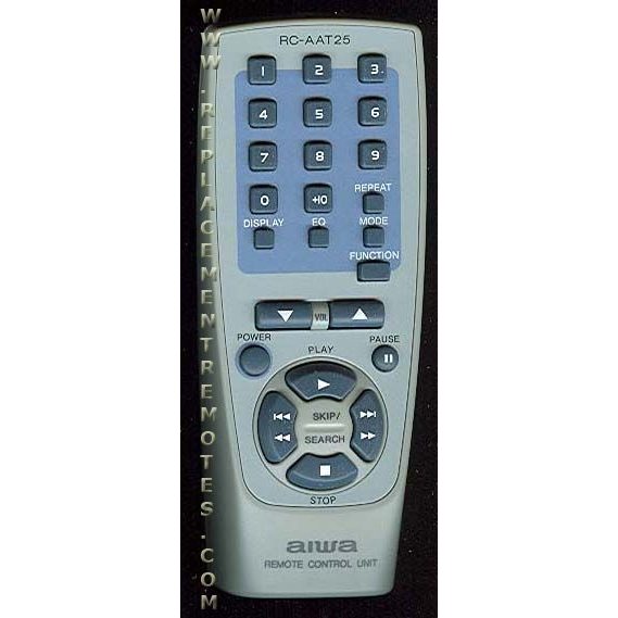 The Aiwa RCAAT25 Audio Remote Control, also known as RC-AAT25/RCAAT25PN, features a number pad, play, pause, volume, and function keys for seamless control.