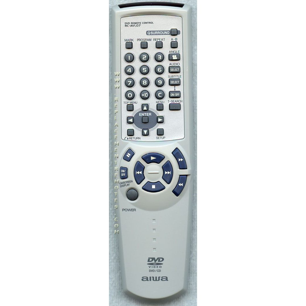 Close-up of a gray Aiwa RCAVL07 Audio Remote Control, highlighting buttons such as power, volume, and navigation keys.